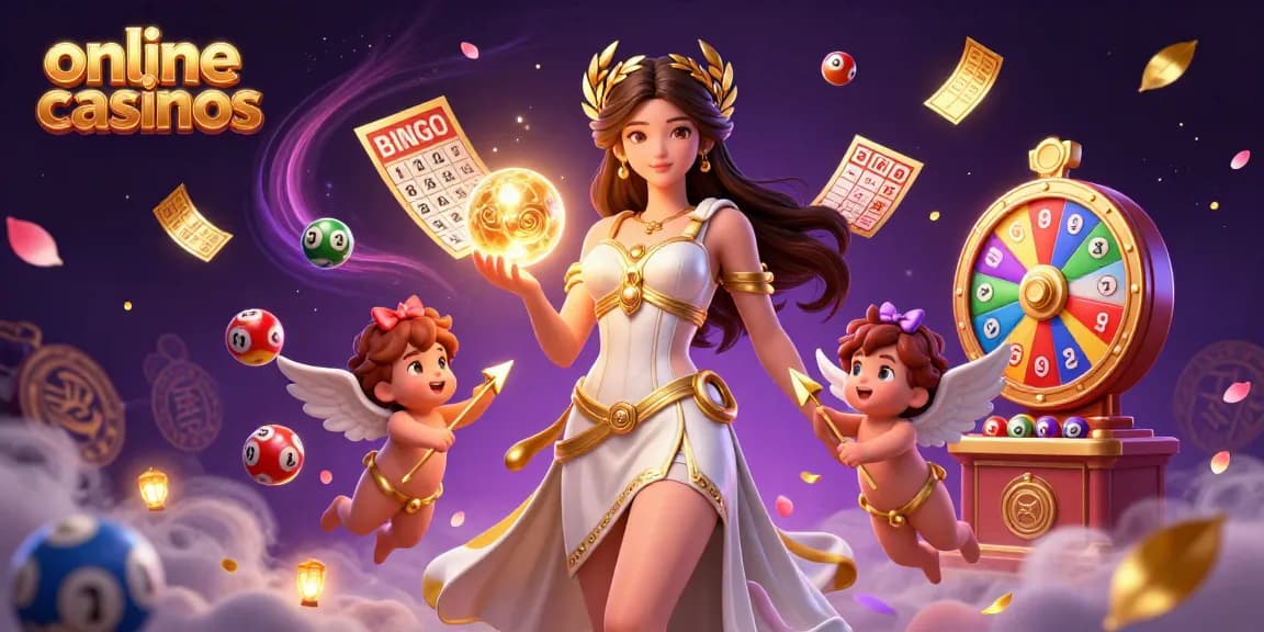 Engaging illustration of online casinos featuring a goddess and cherubs celebrating winning moments with bingo and lottery elements.