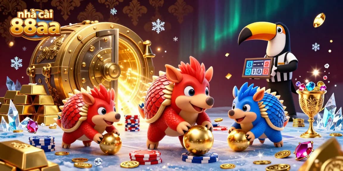 nhà cái 88aa showcases fun gameplay with rival pangolins amidst poker chips and treasure, in a vibrant casino setting.