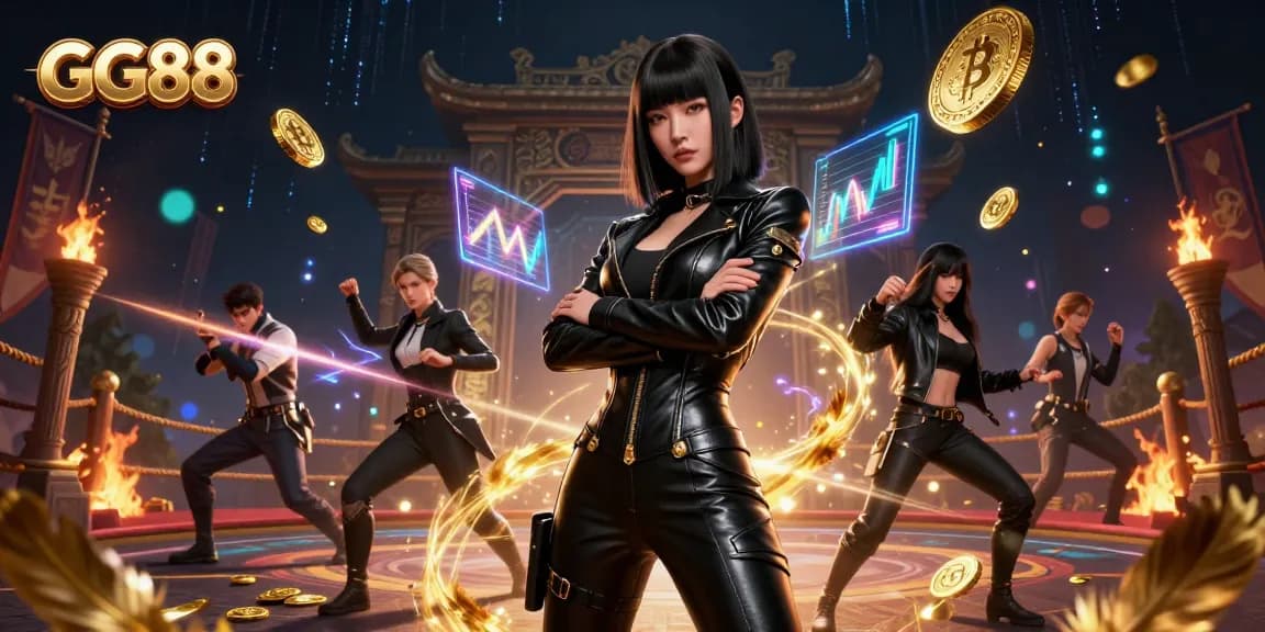 Win big with GG88 in a dynamic 3D casino scene featuring neon holographs and sparkling gold coins.