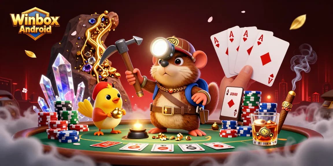 Winbox Android app showcases treasure hunting with poker elements, emphasizing mobile gaming excitement.