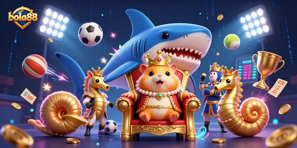 Bola88 showcases dynamic sports betting, featuring a fierce hamster king and vibrant game elements for an engaging experience.