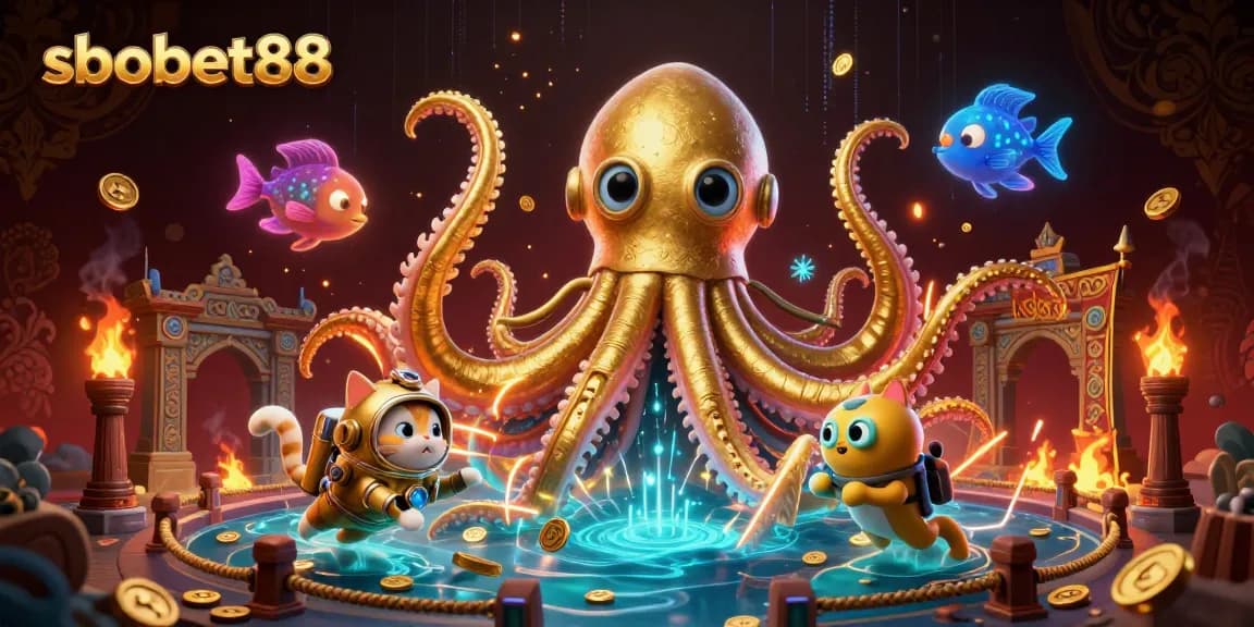 SBOBET88 enhances your betting experience with a whimsical kraken and diving cat illustration.