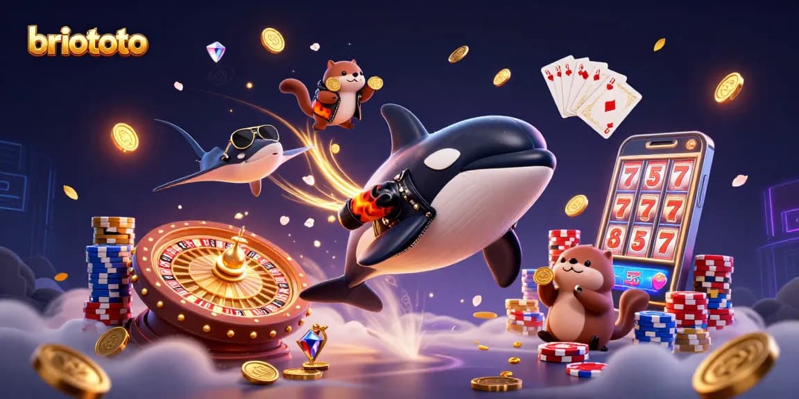 Briototo gambling illustration depicting an orca in a jacket, otters with coins, and casino elements.