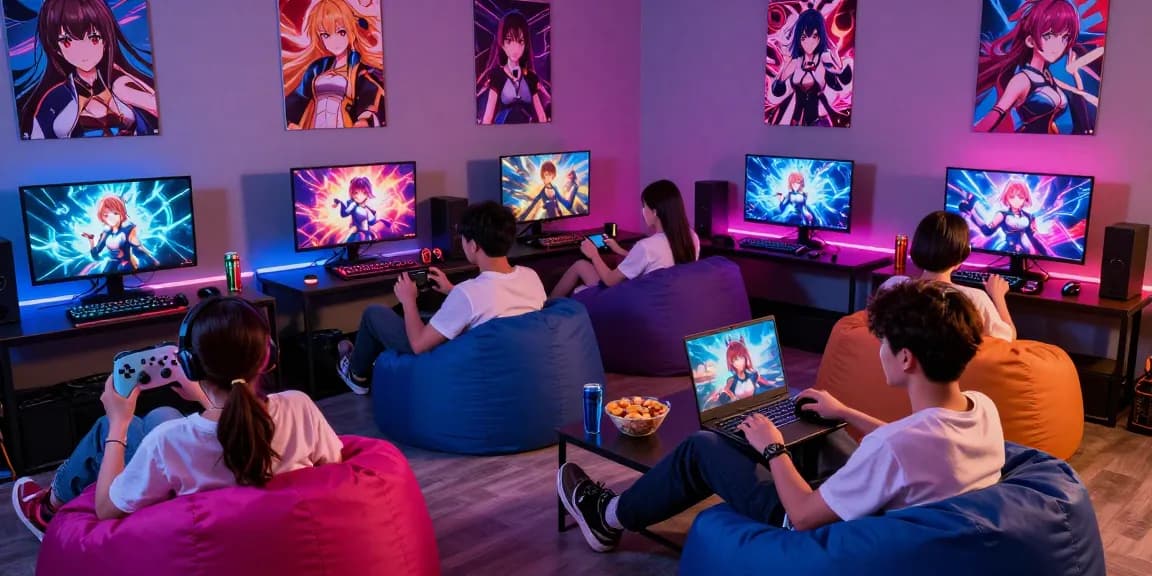 Engaged gamers enjoying hentai games in a vibrant lounge setting with neon lighting.