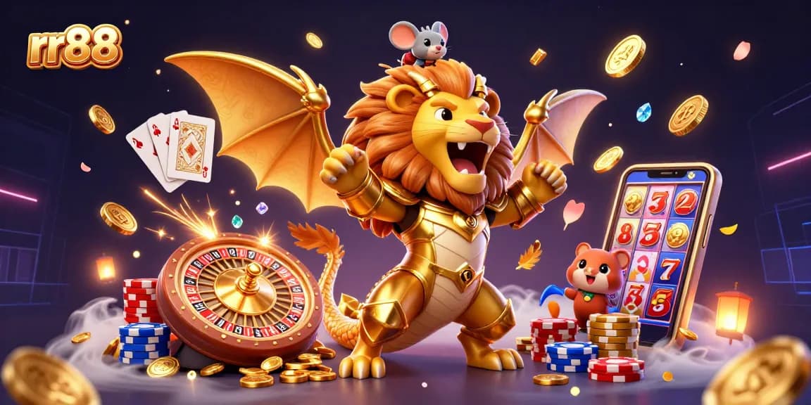 Experience exhilarating action at rr88 with golden coins and sparkling gems surrounding a victorious chimera and brave mouse jockey.