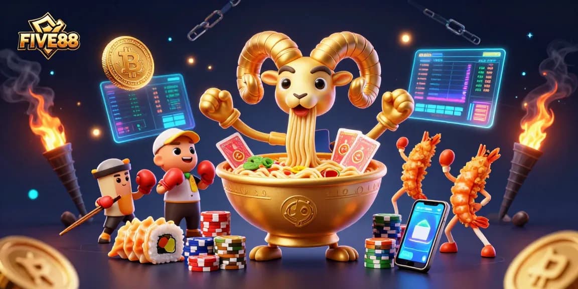 Join the FIVE88 gaming action with a vibrant 3D casino illustration featuring unique characters.