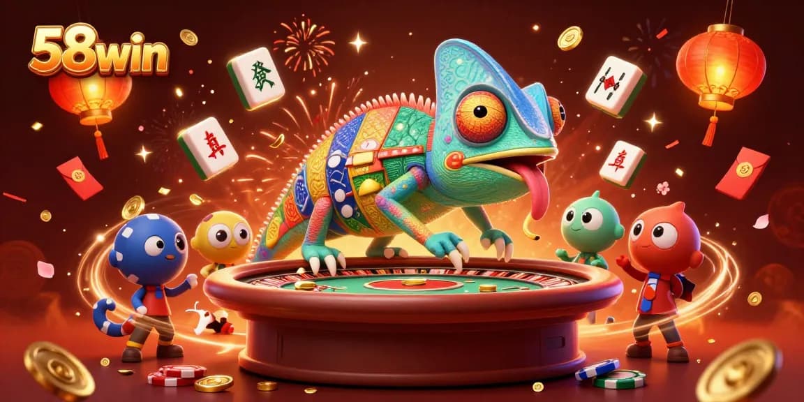 Engage in thrilling gameplay at 58win with vibrant casino elements and a lively chameleon mascot.