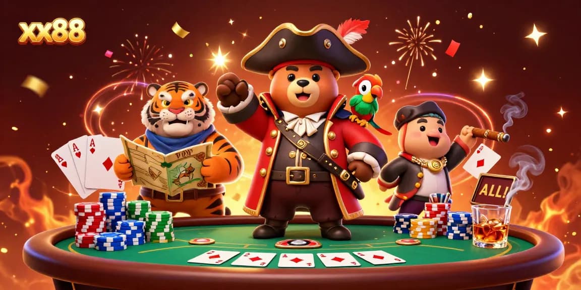 Experience thrilling moments at xx88, showcasing a vibrant poker scene with a pirate theme.