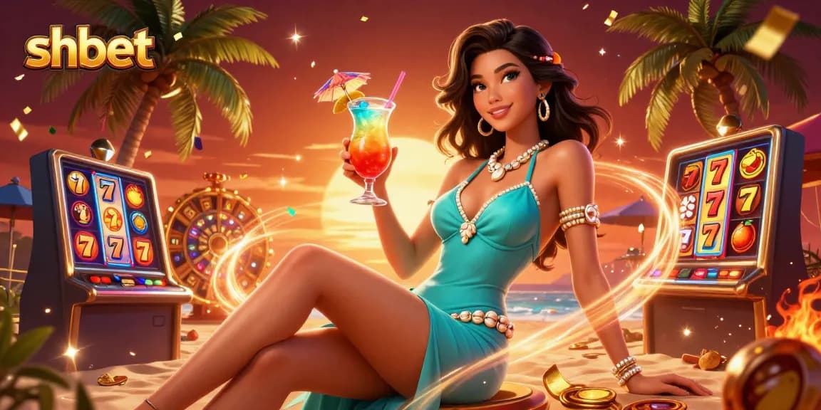 shbet's vibrant casino scene featuring a glamorous Asian woman enjoying a slot game cocktail.