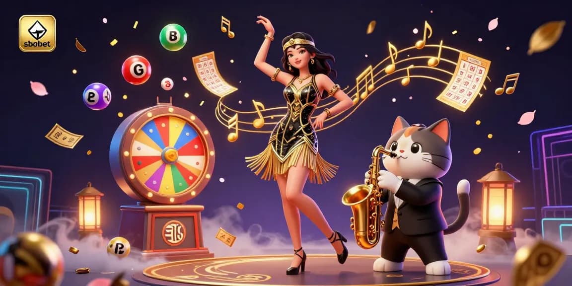 Sbobet showcases vibrant and engaging lottery scene with flapper and saxophone cat amidst golden confetti and colorful balls.