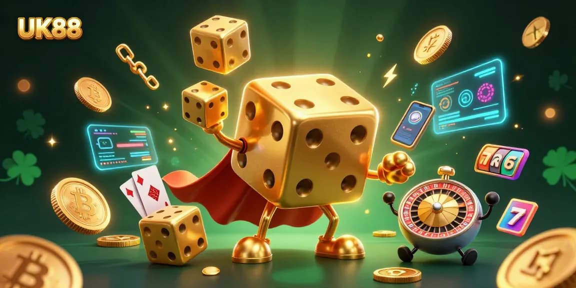 Engage with UK88's casino excitement, featuring golden dice and crypto elements in a vivid 3D scene.