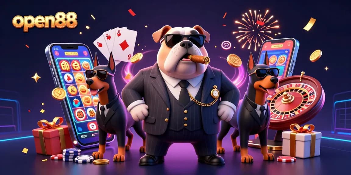 Bet big with open88 as a mafia bulldog oversees vibrant slot games and poker excitement!