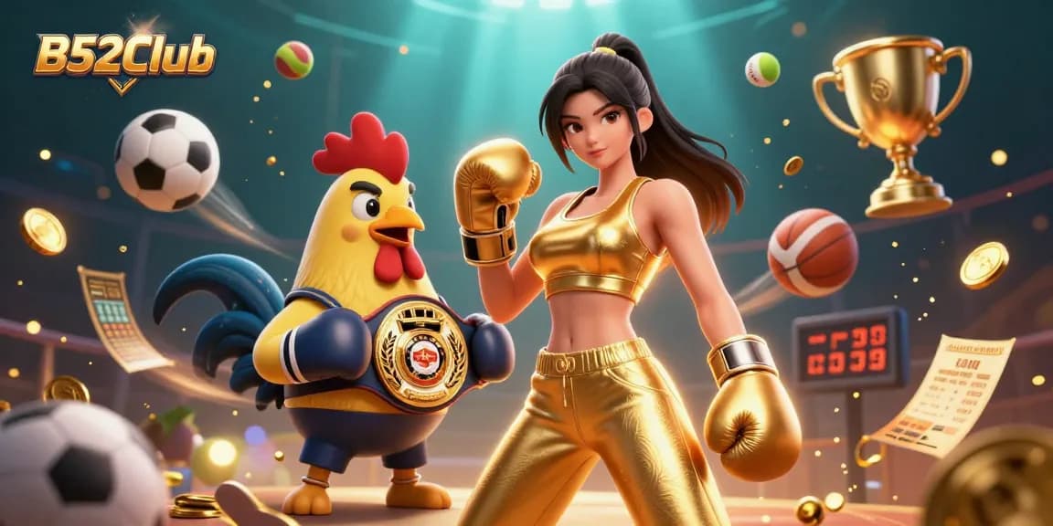 B52Club showcases a vibrant scene of competitive energy with a powerful woman and championship rooster surrounded by dynamic sports elements.