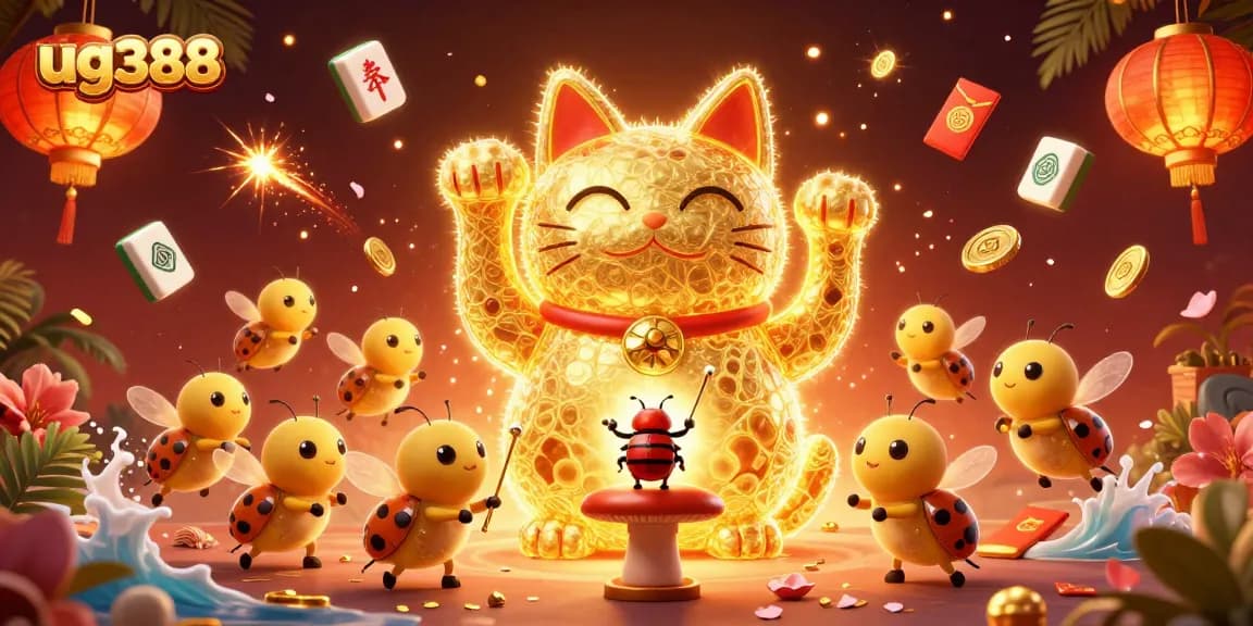 Engage with the excitement of ug388's online casino, featuring a lucky cat and festive decorations.