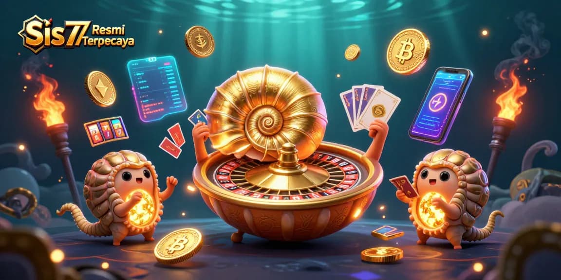 Visualisasi permainan kasino 3D menarik dengan Sis77 Resmi Terpercaya dan karakter nautilus berkilau.