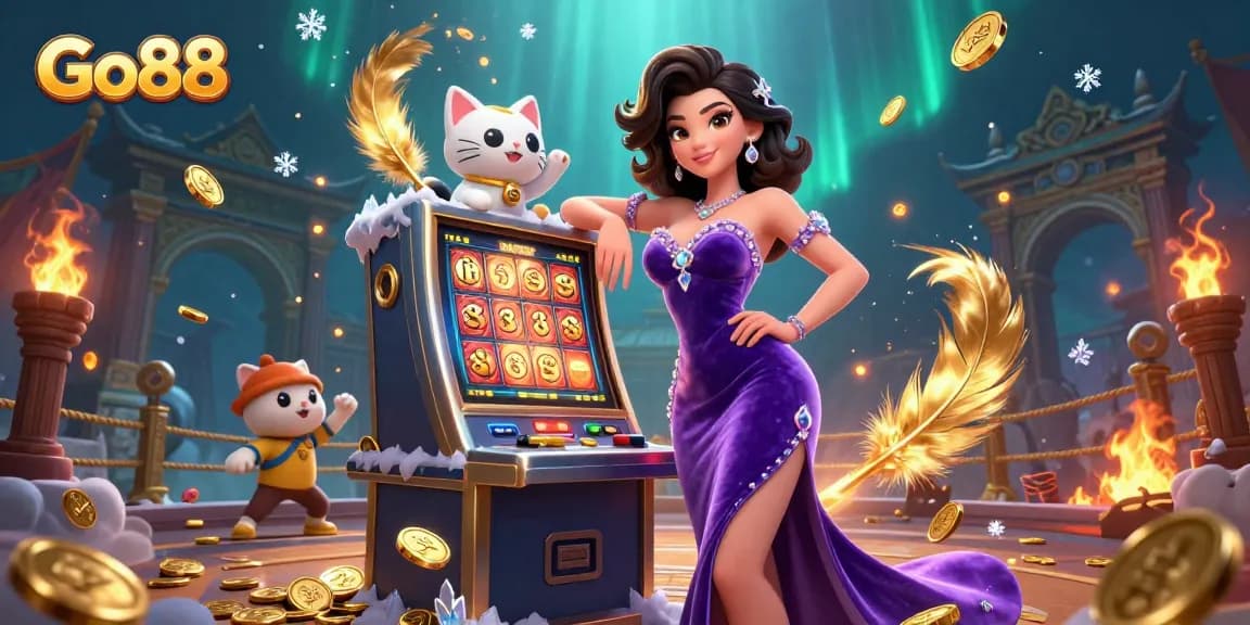 Win big at Go88 with a glamorous scene featuring a jackpot slot machine and a fortune cat!
