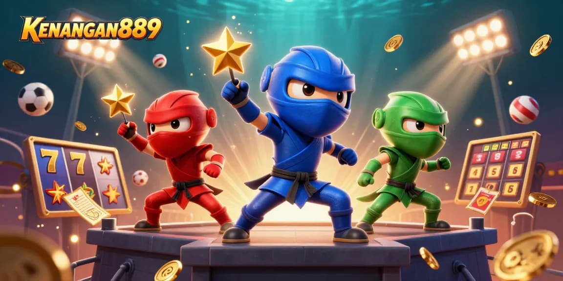 Experience the excitement of KENANGAN889 as chameleon ninjas engage in gambling fun among dynamic casino elements.