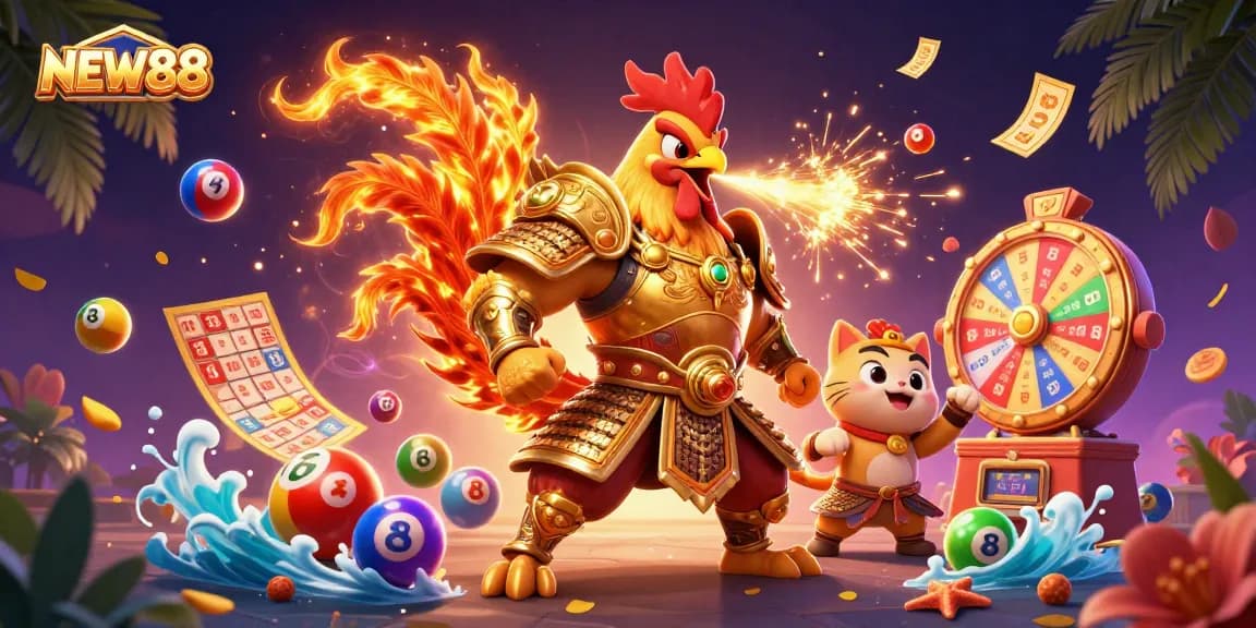 Experience thrilling games at NEW88 with vibrant lottery elements and dynamic characters.