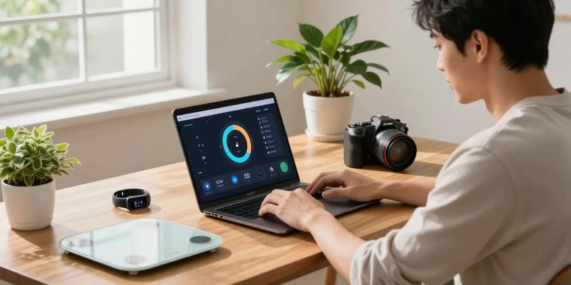 Smart ring displayed on the table with fitness gadgets in a modern home office setting