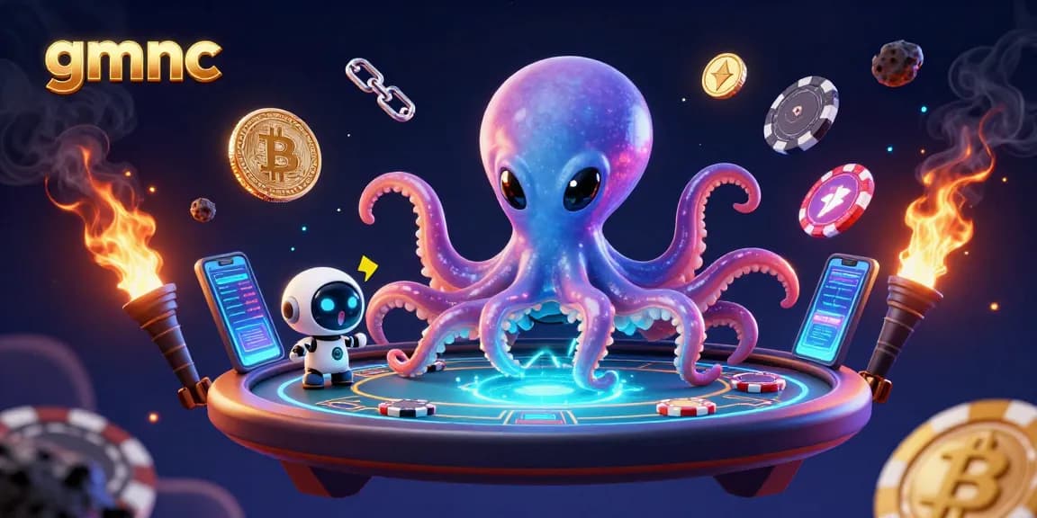 Experience thrilling gameplay at gmnc with an alien octopus running a holographic poker table, surrounded by vibrant crypto elements.