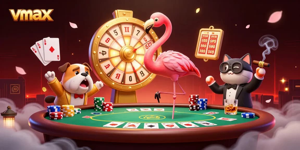 Spin the vmax prize wheel alongside the flamingo host and bulldog contestant in a vibrant casino scene.