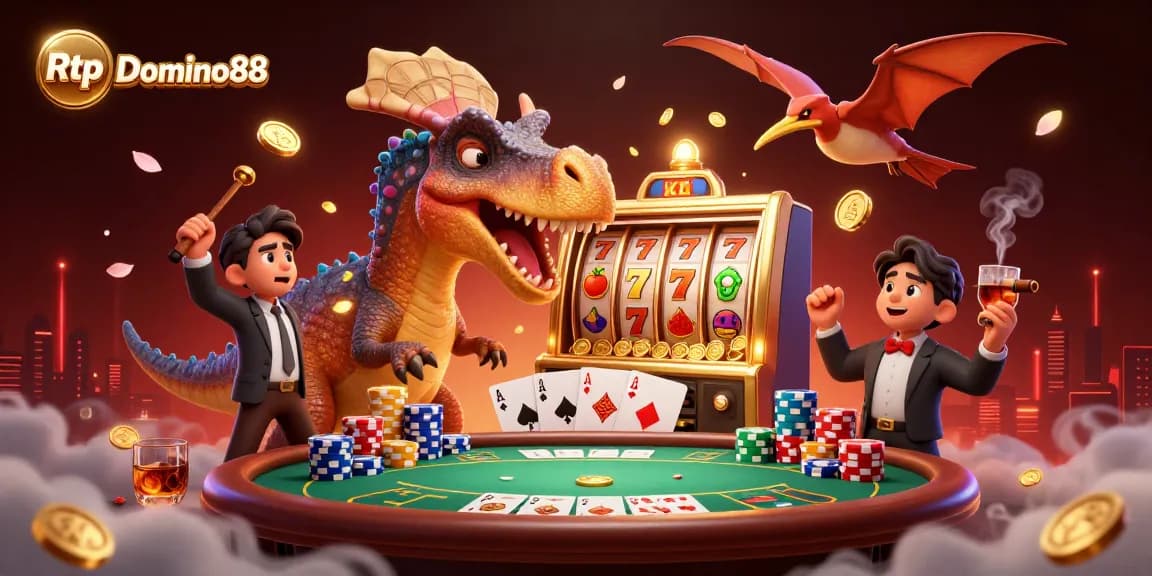 Experience Rtp Domino88 with engaging dinosaur characters interacting with a vibrant casino scene.