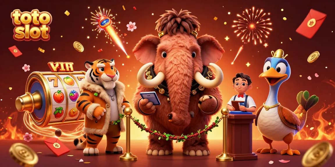 Toto slot bouncer checks IDs of VIP guests in a vibrant casino scene filled with spinning slot reels and festive decor.