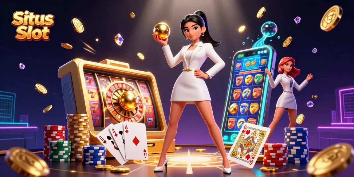 Experience Situs Slot action with a confident Asian woman holding a roulette ball surrounded by vibrant gaming elements.