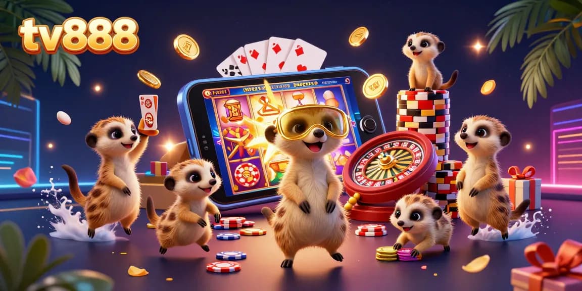 Experience thrilling action at tv888 with creative meerkats managing a colorful casino scene.