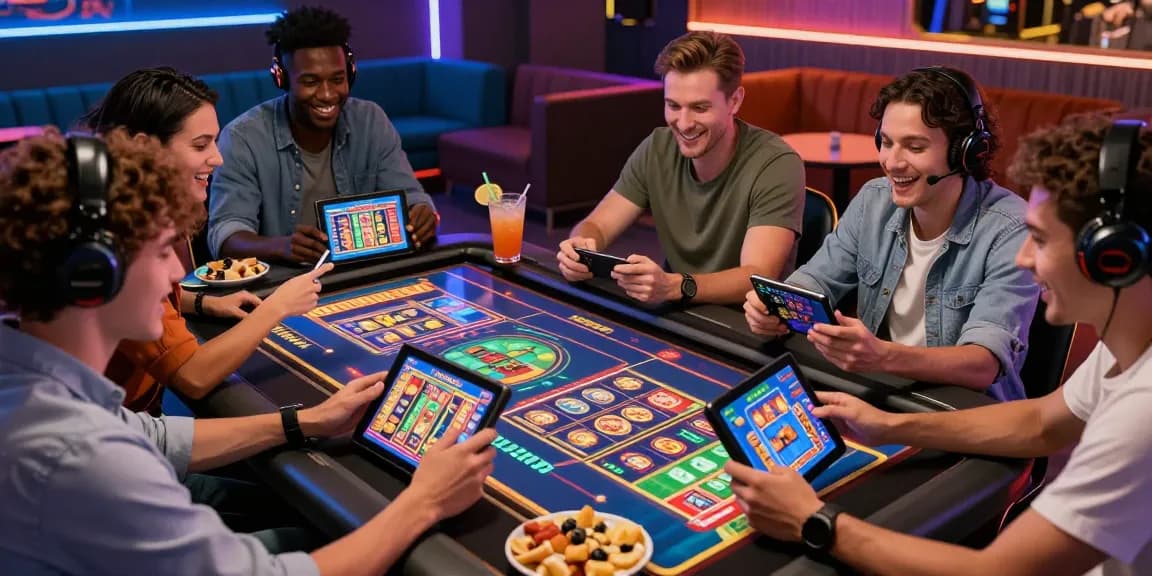 Mega888 download showcased by friends enjoying a lively casino gaming experience with tablets and smartphones.