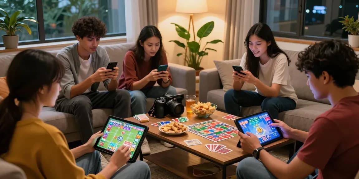 Play games online with friends in a cozy living room, featuring vibrant card game interfaces and an inviting atmosphere.