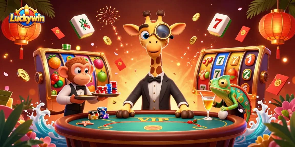 Experience the thrill of Luckywin at a vibrant casino scene filled with winning slots and characters.