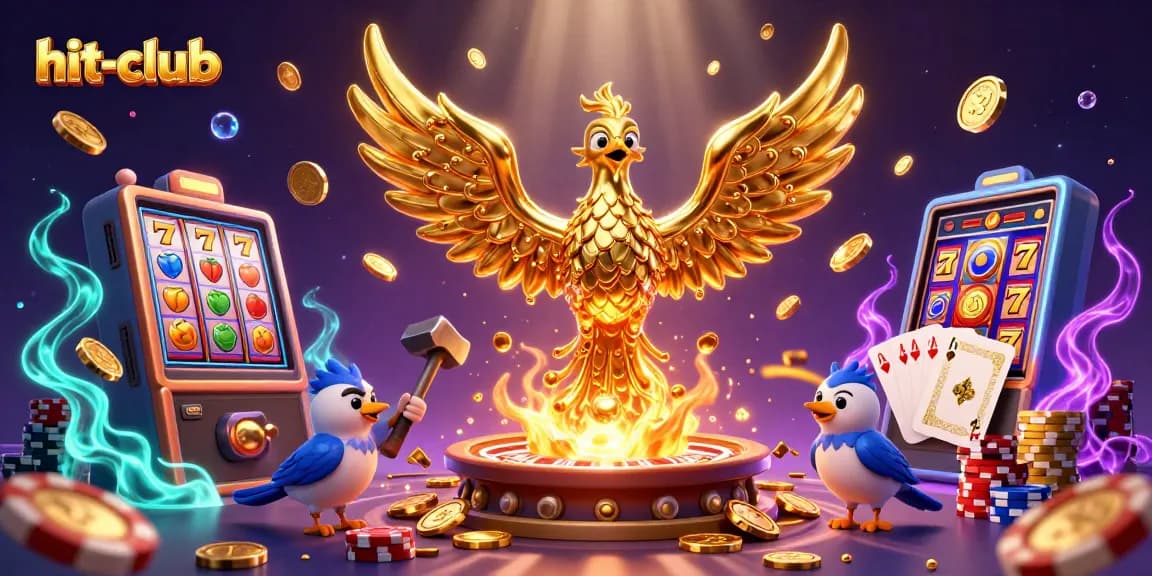 Hit-club showcases a vibrant 3D casino scene with a golden phoenix and slot machine excitement.