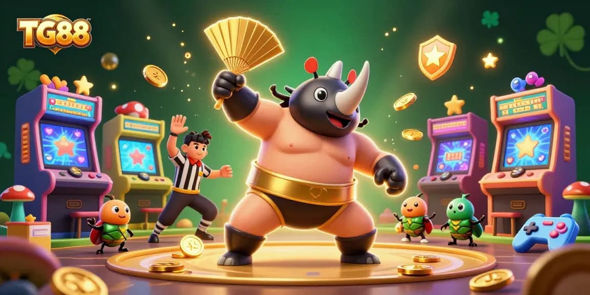 Experience exciting gameplay at TG88 with a dynamic scene featuring a rhinoceros beetle sumo champion amidst flying coins and vibrant game elements.