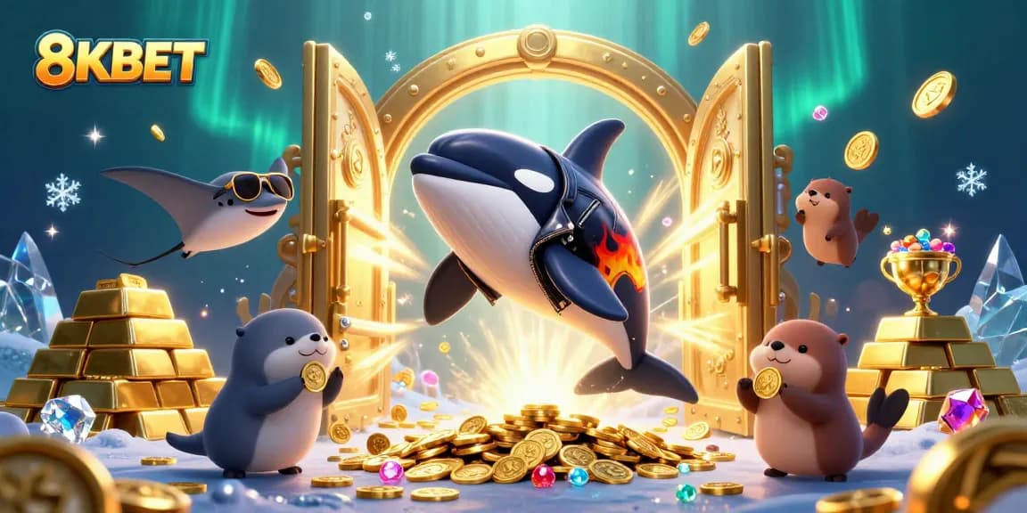 Experience the thrill of 8KBET with this dynamic casino-themed illustration featuring lively characters and treasure.