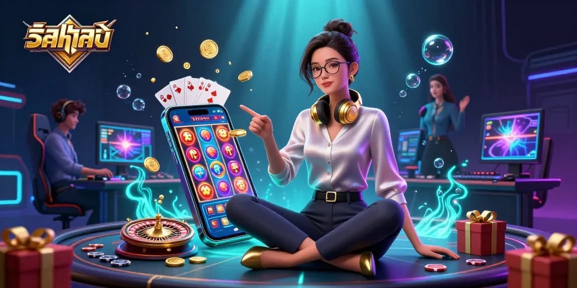 Engaging scene of a professional gamer exploring កាស៊ីណូអនឡាញ with spinning slot reels and vibrant game elements.