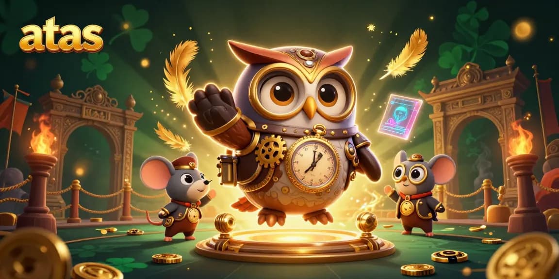 Join the adventure at atas casino with a whimsical 3D owl and mouse exploring a vibrant gaming world.