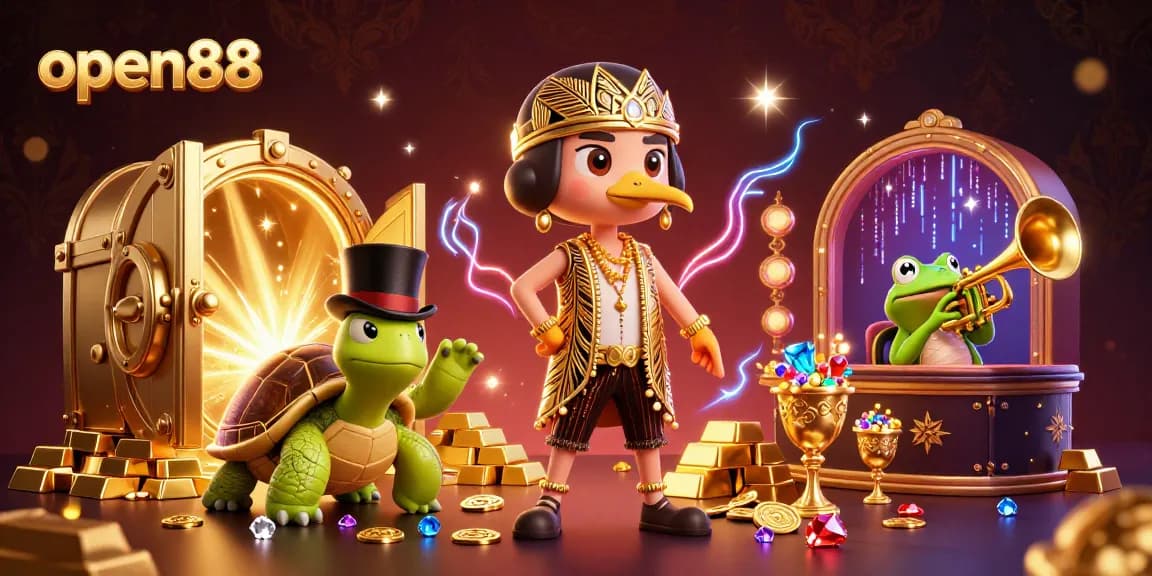 Spin to win at open88 with vibrant characters and glowing treasures in a 3D casino illustration.