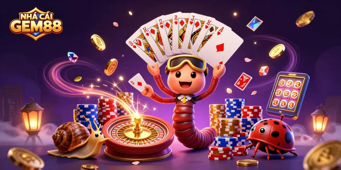 Experience the excitement of NHÀ CÁI GEM88 with a vibrant casino scene featuring unique characters.