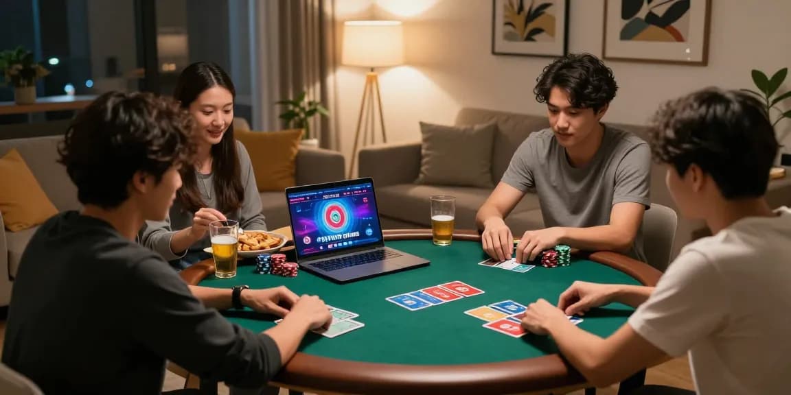 A group enjoying a friendly poker game at home with Agen Poker Online platform displayed on a laptop, colorful chips and cards showcased.