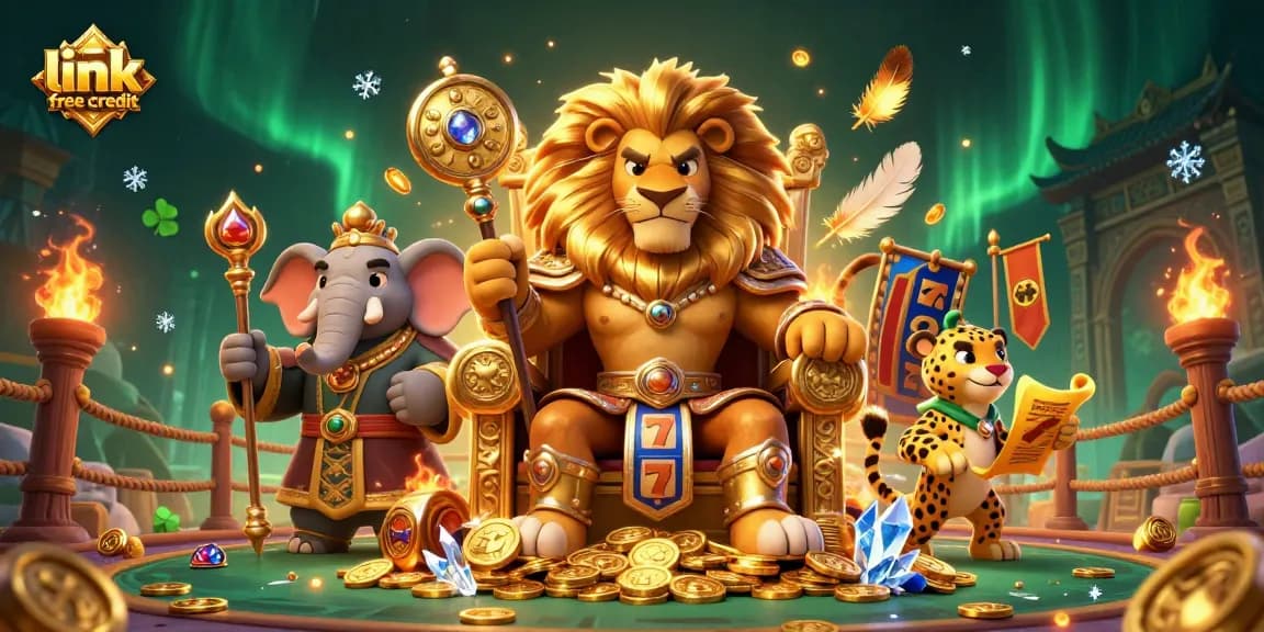 Spin the reels and collect link free credit with a dynamic casino scene featuring lion, elephant, and cheetah
