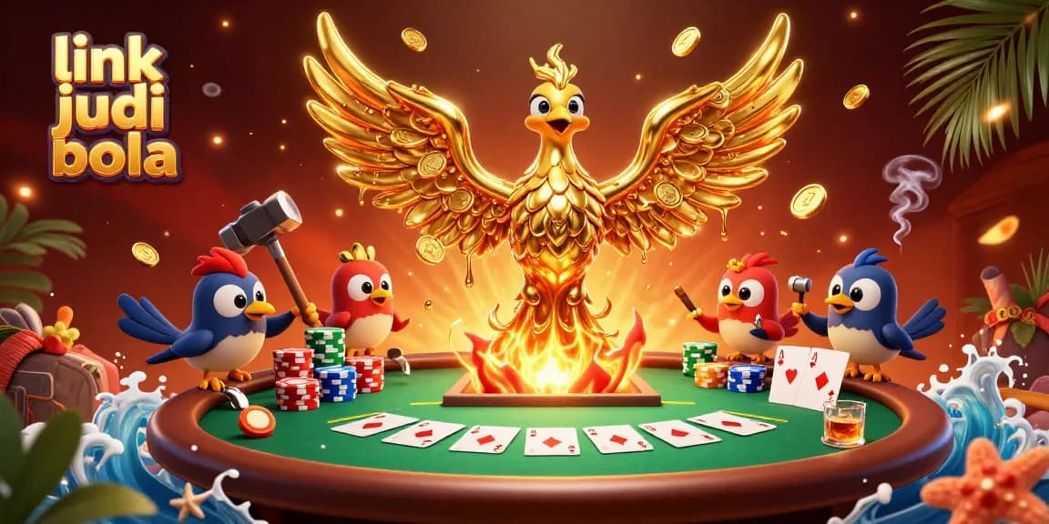 Experience link judi bola with an ultra-detailed illustration of a molten phoenix and poker scene.