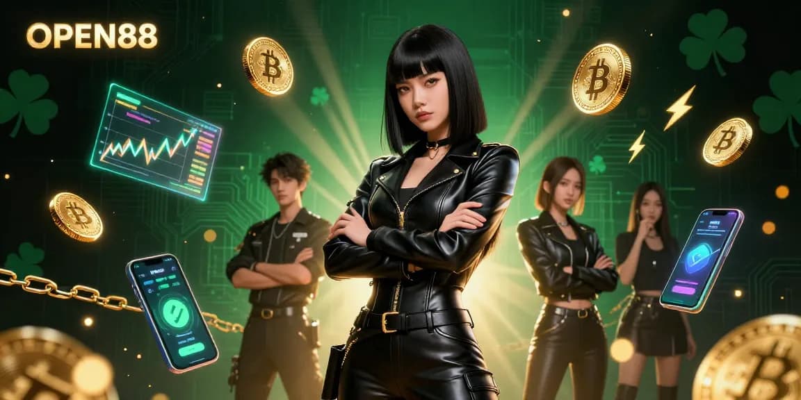Engage with OPEN88's vibrant 3D digital illustration showcasing a powerful Asian woman amid floating Bitcoin elements, highlighting online gambling thrills.
