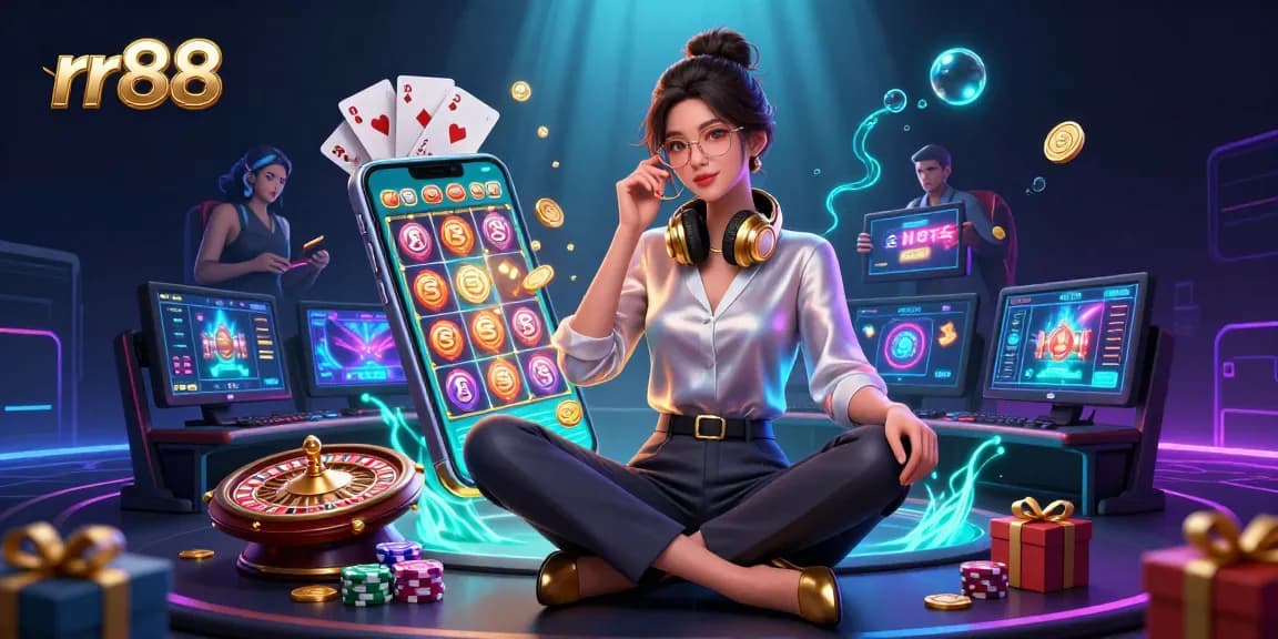 Engage with thrilling rr88 games at an immersive casino gaming setup featuring slot reels and vibrant graphics.