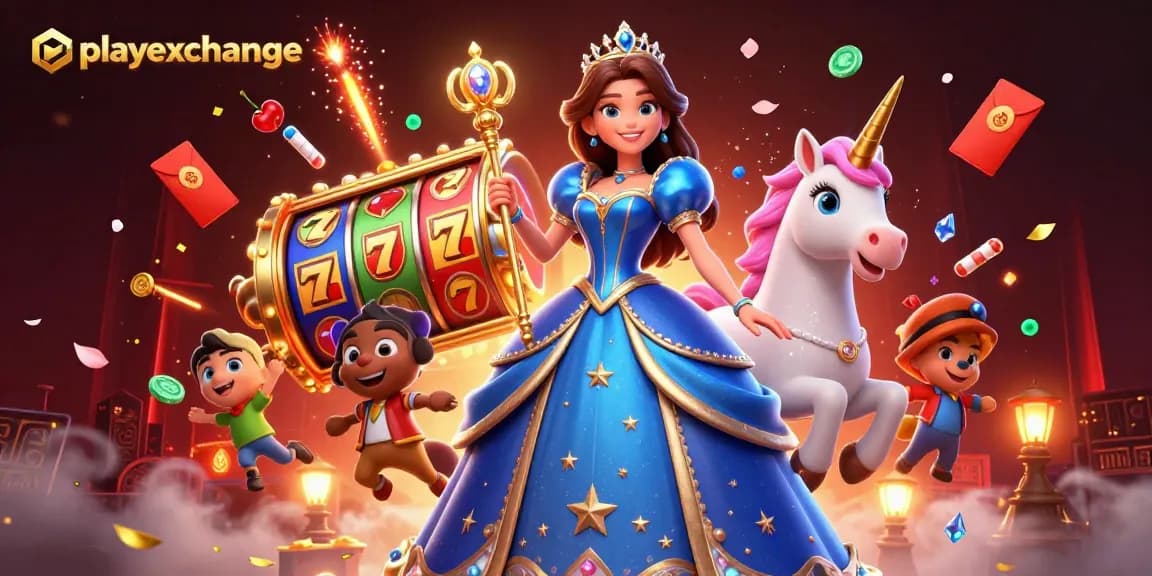 Engage in the excitement of playexchange with a captivating casino scene featuring vibrant spinning slots.