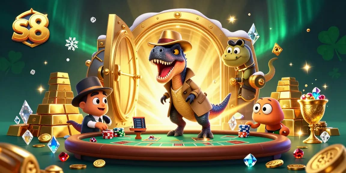 S8 offers thrilling gameplay with a velociraptor card counter and rich rewards in a vibrant casino scene.