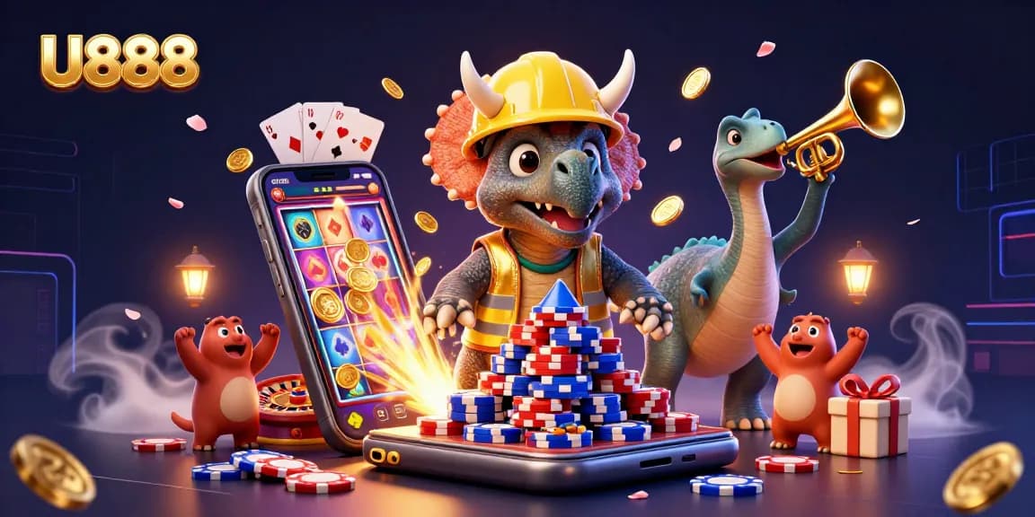 Engage with U888's vibrant gaming atmosphere featuring a 3D triceratops and dynamic casino elements.
