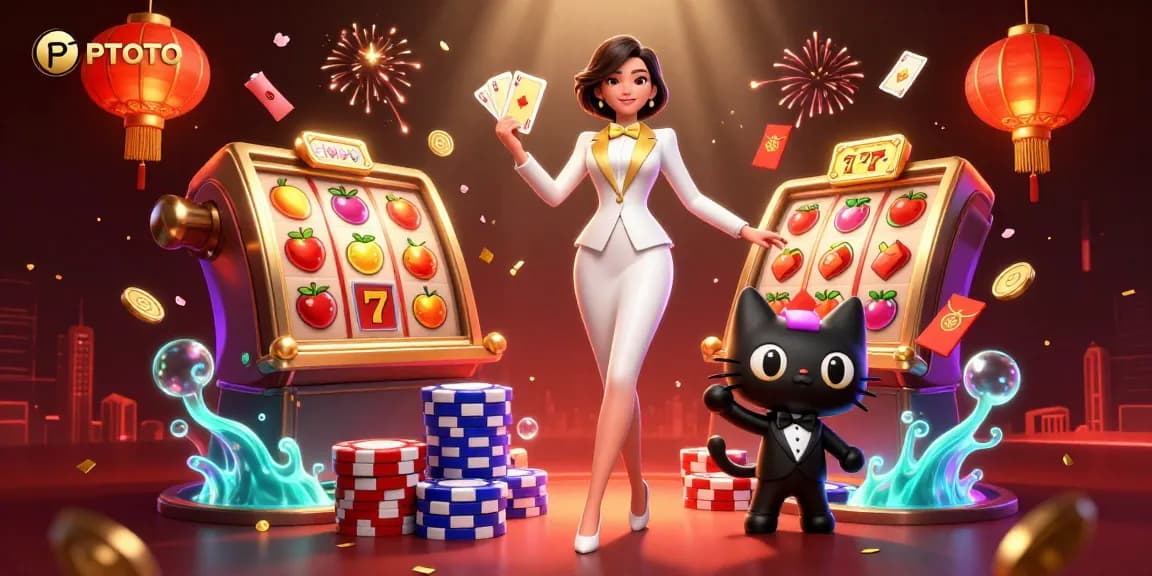 PPTOTO mengungkapkan pemandangan kasino yang luar biasa dengan dealer glamor dan kucing tuxedo menawannya di tengah gulungan slot yang cerah.