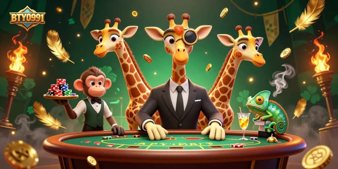 Engage with the vibrant world of BTY0991, featuring a giraffe at a poker table amidst dazzling casino elements and energized gameplay.
