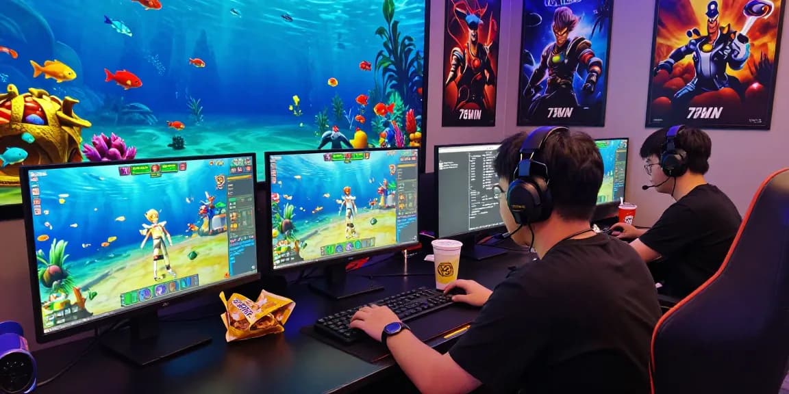 Engaging gamer playing 78WIN fishing game with vibrant underwater visuals and multiple screens.